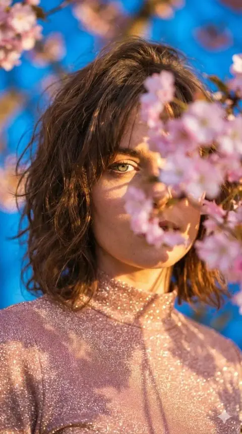 Touching movie portrait of a green-eyed girl shaded by pink flowers
