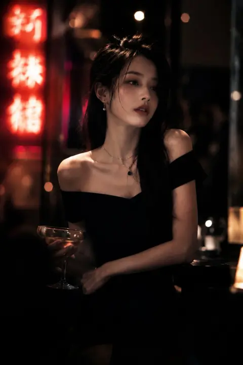 Touching movie portrait of a beautiful black-haired woman in a strapless dress sitting alone in a bar