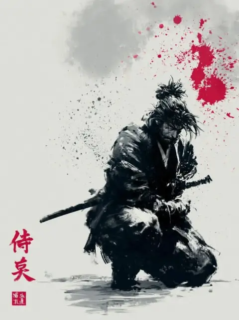 Traditional japanese ink wash warrior warrior back view