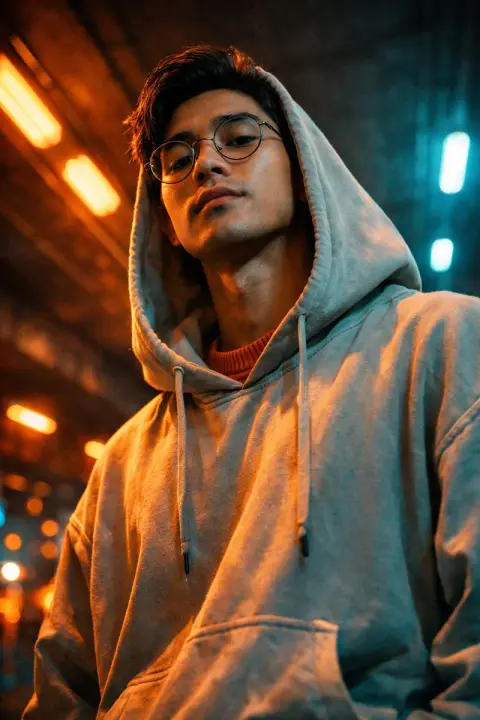 Trendy boy in the neon tunnel