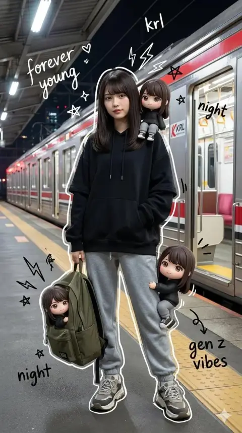 Trendy Generation Z graffiti portrait at night train station
