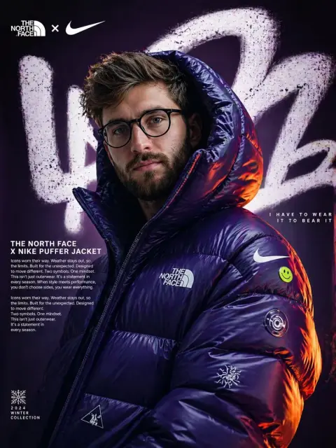 Trendy men's purple down jacket advertising blockbuster