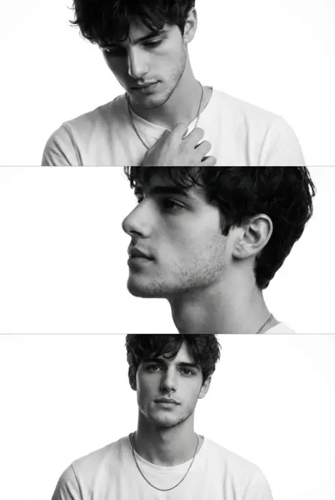 Triptych of male models in minimalist black and white light and shadow
