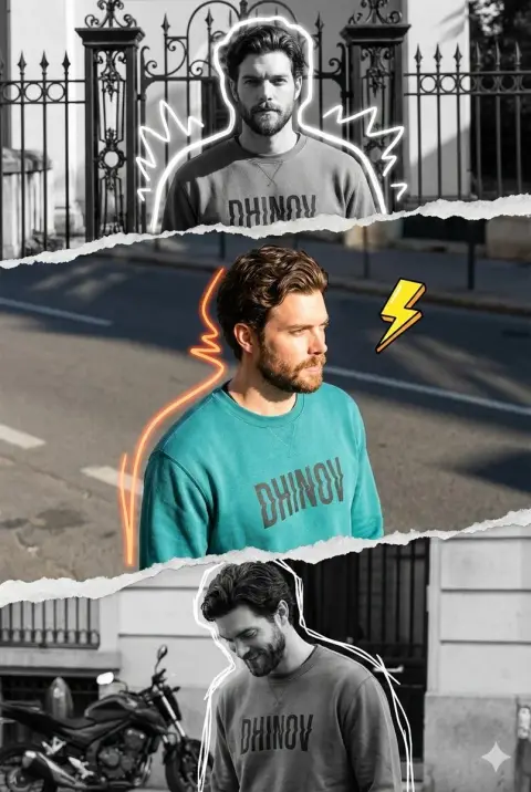 Triptych of urban trendy boys in torn paper collage style