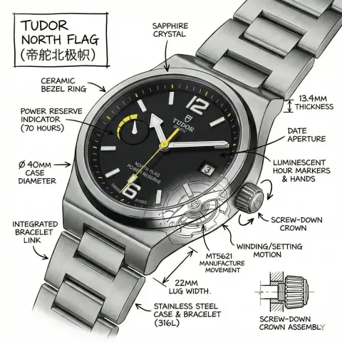 Tudor North Flag Mechanical Watch Precision Perspective Analysis Illustration