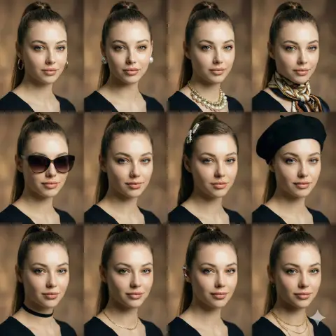 Twelve accessories with the same face portrait photography collage