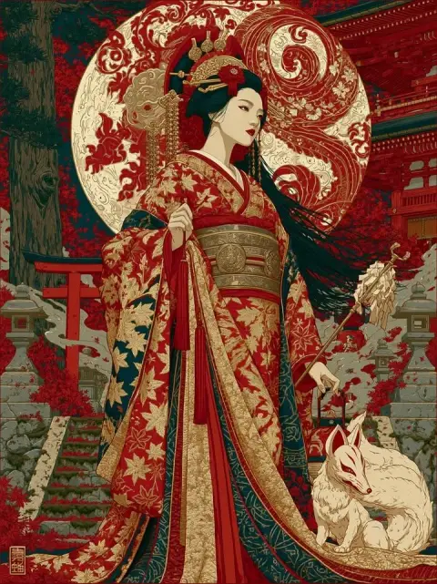 Ukiyo-e style red gold kimono woman and nine-tailed fox