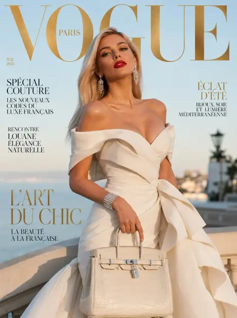 Ultra-realistic luxury magazine cover with elegant French woman in ivory dress