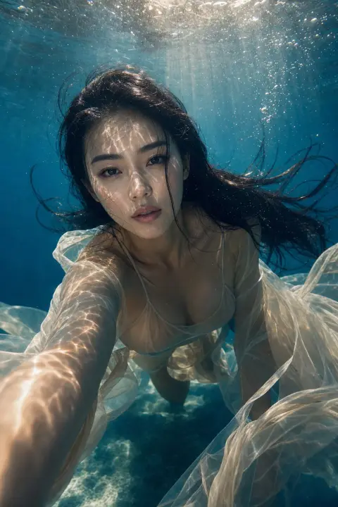 Ultra-realistic oriental beauty underwater fashion blockbuster