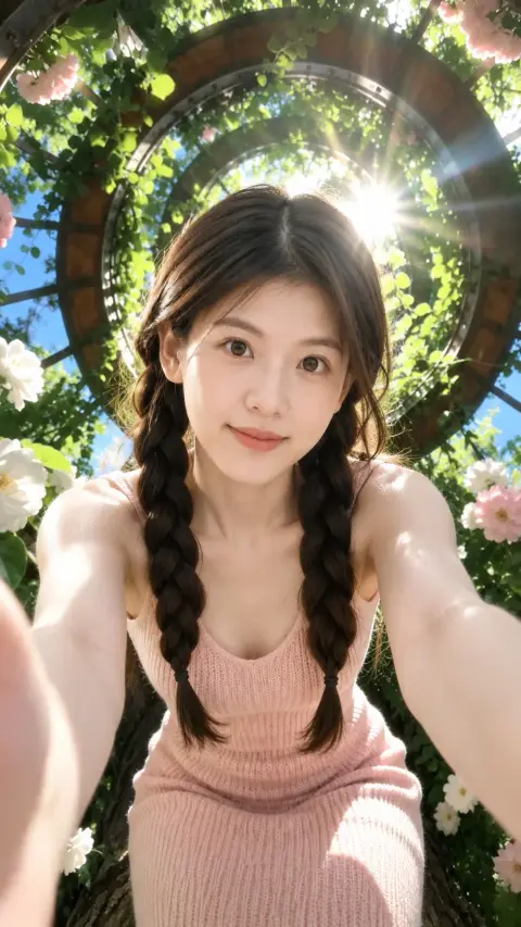 Ultra-wide-angle selfie portrait in dreamy summer garden