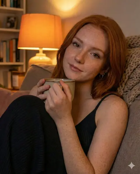 Under the dim light of the warm lamp, a young girl is enjoying herself at home, holding a hot drink in her hands