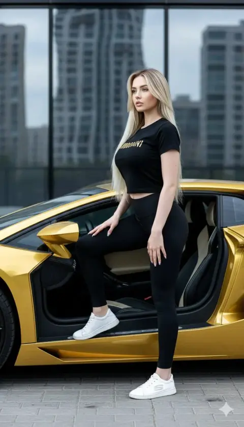 Urban blockbusters of golden Lamborghini and blonde beauty