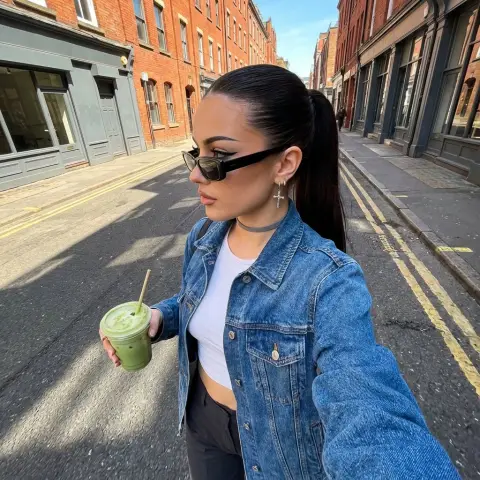 Urban fashion girl holding matcha tea walks along the red brick street