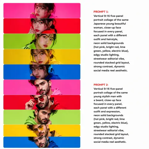 Vertical five-frame neon background street style portrait collage