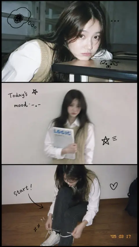 Vertical three-frame campus film-like long-haired girl