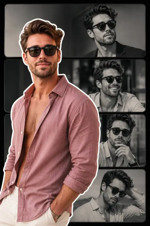 Vertical version of curly haired man movie style collage poster design