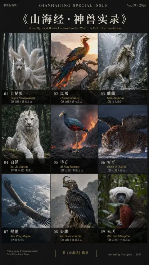 Vertical version photography poster of mythical beasts from the Classic of Mountains and Seas