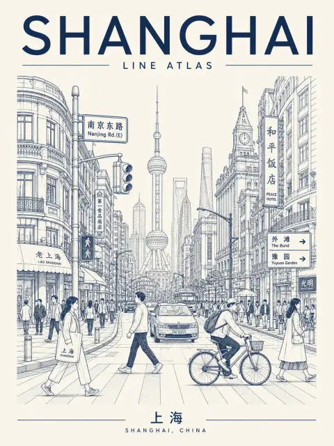 Very simple color city building line drawing poster generation instructions
