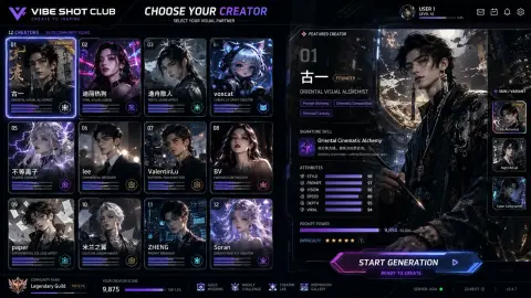 VIBE SHOT CLUB Advanced Creator Selection Interface