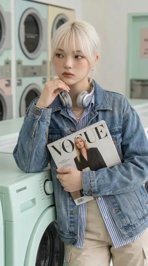 Vintage denim fashion model photography in laundry room