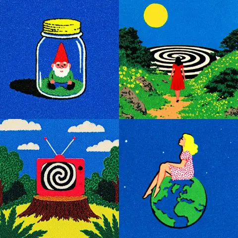 Vintage Surreal Illustration Collage with Whimsical Storybook Scenes