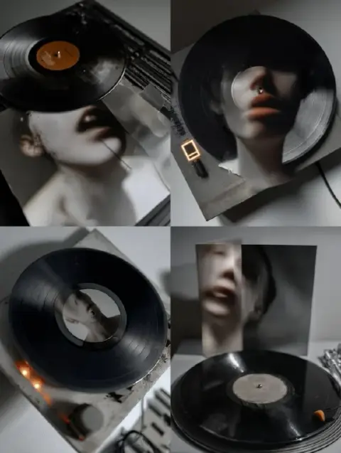 vinyl record and a monochrome portrait