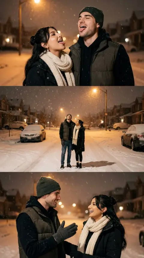 Warm, cinematic triptych of lovers playing under the street lights on a snowy night