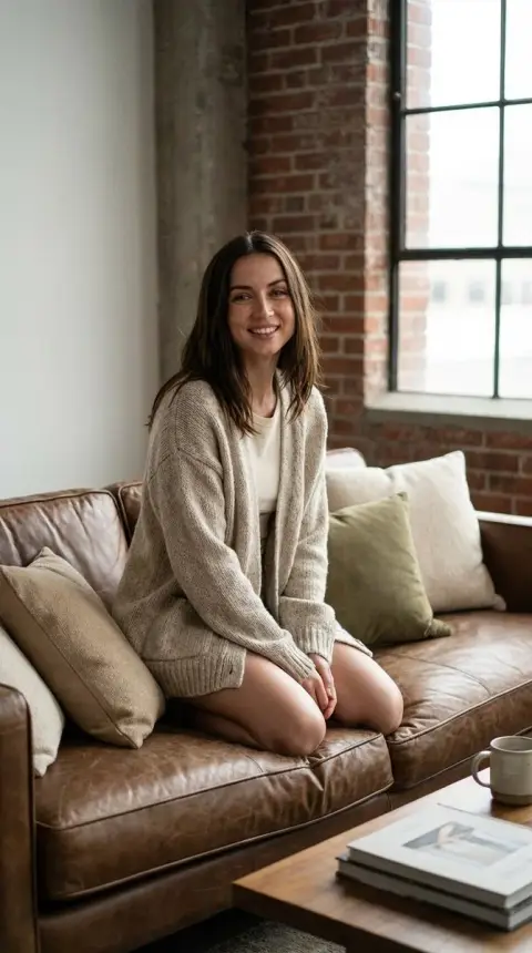 Warm knitted portrait in a lazy afternoon in a soft light attic