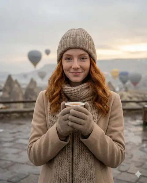 Warm winter morning travel photography under a hot air balloon in Cappadocia