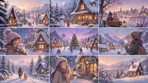 Warm winter small village illustration set