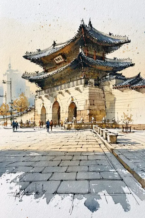 Watercolor architectural sketch of traditional Korean Hanok village street