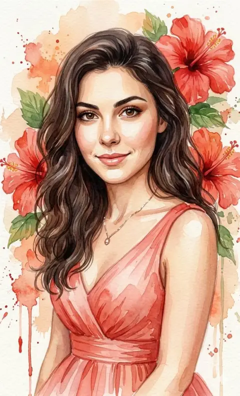 Watercolor beauty in light red dance skirt and red hibiscus