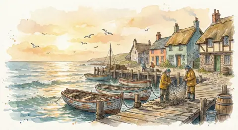 Watercolor fairy tale picture book of seaside fishing village in the evening