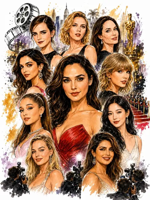 Watercolor fashion collage illustration of Hollywood red carpet celebrities