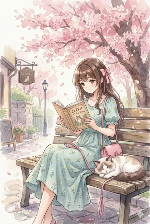 Watercolor illustration of long-haired girl and cat reading under the cherry blossom tree
