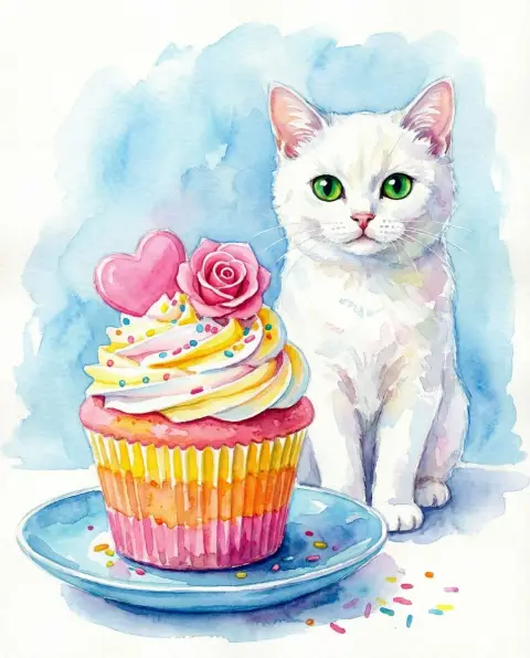 Watercolor style white cat waiting for colorful cupcakes