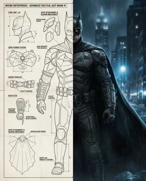 Wayne Tech Blueprint and Dark Knight movie split screen