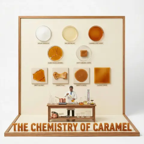 Wes Anderson style caramel chemical three-dimensional deconstruction diagram
