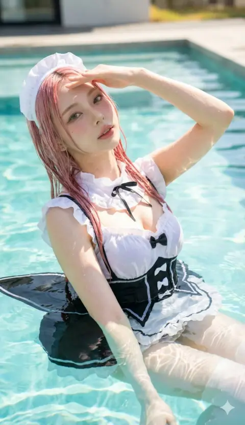 Wet Rem maid in the blue water of the swimming pool