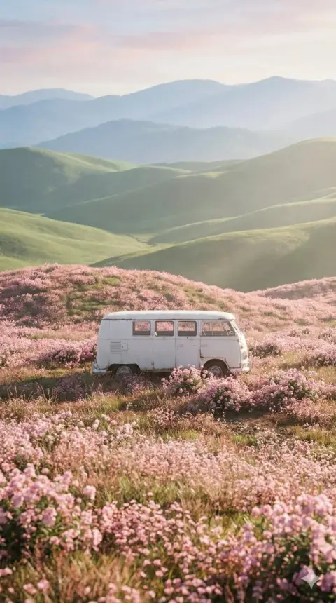White retro van in a sea of ​​pink flowers