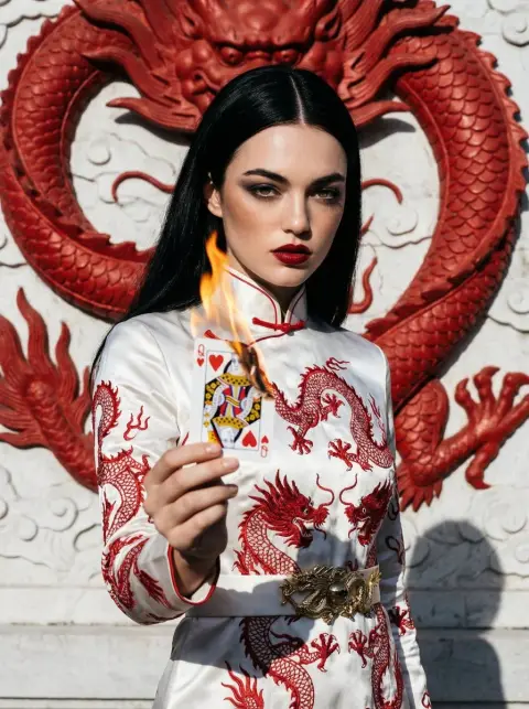 White silk dragon pattern cheongsam and dark queen of hearts