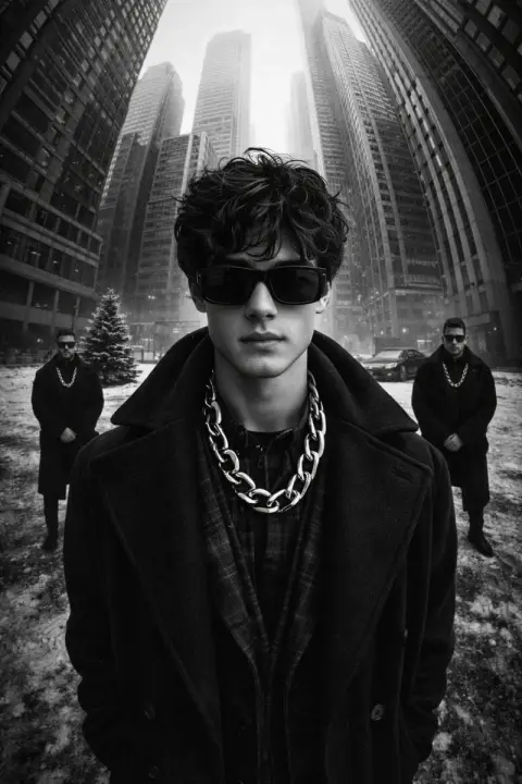 Winter urban wide-angle black and white haute couture street fashion blockbuster