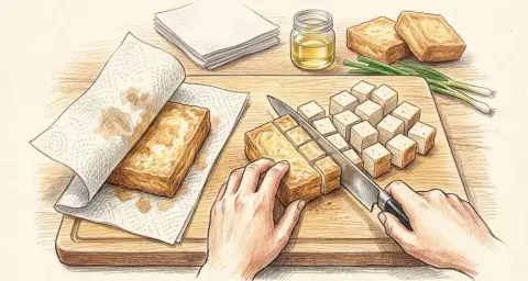 Wipe with paper towel to absorb oil and cut into golden fried tofu with sharp knife.