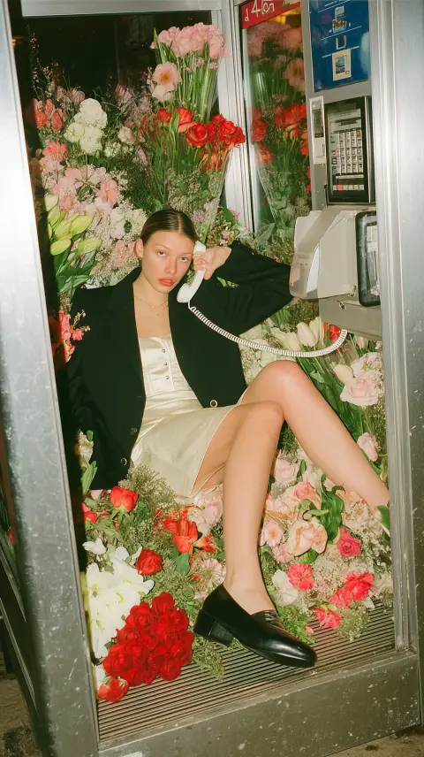 woman inside a public phone booth surrounded by flower bouquets