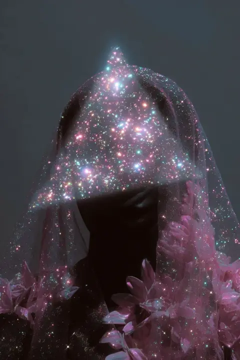 Woven from stardust and cherry blossoms, a quiet universe exists beneath the veil✨🌸🌌