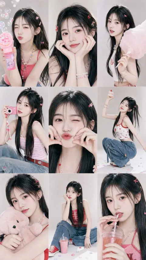 Y2K Korean sweet and cool girl 3x3 collage magazine blockbuster
