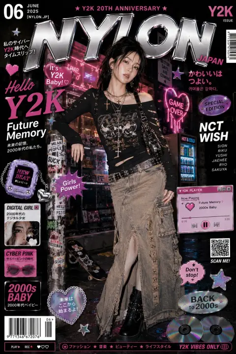 Y2K luxury magazine cover cyberneon Korean trendy visual