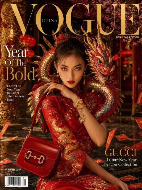 Year of the Dragon luxury fashion magazine cover red silk cheongsam young dragon