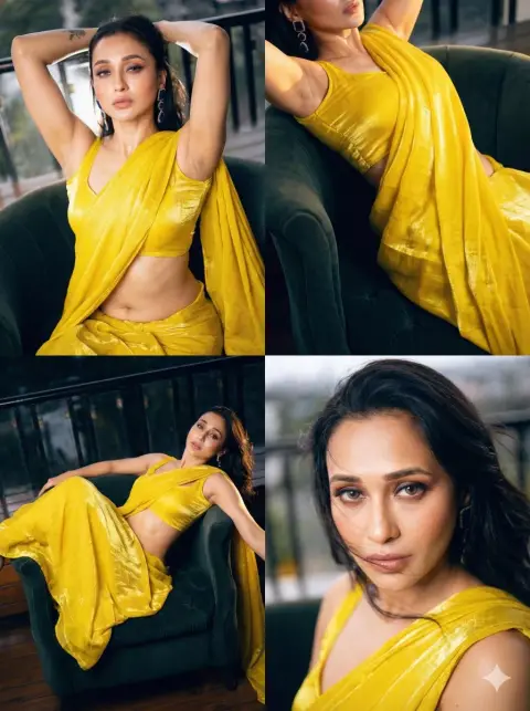Yellow saree with ultimate light and shadow, 2x2 collage shows charming charm
