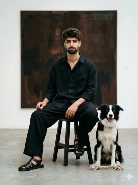 Young man in black and his dog in minimalist gallery